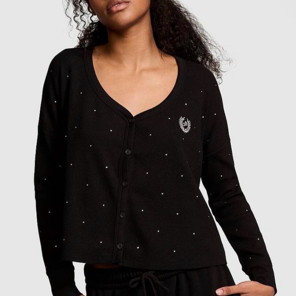 Black Button-Up Cardigan with Tiny Silver Dot Embellishments